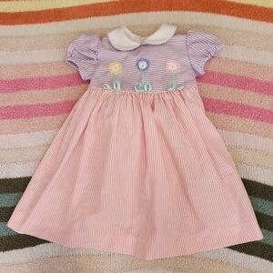 Luli & Me 3t smocked floral seersucker pink purple easter spring dress heirloom